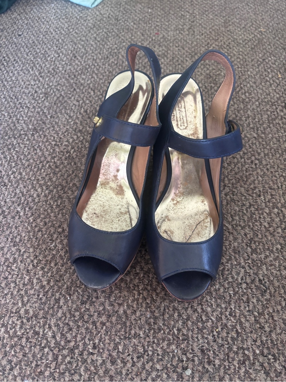 Coach Navy Leather Wedge Sandals with Tan Wood Platform - Picture 2 of 6